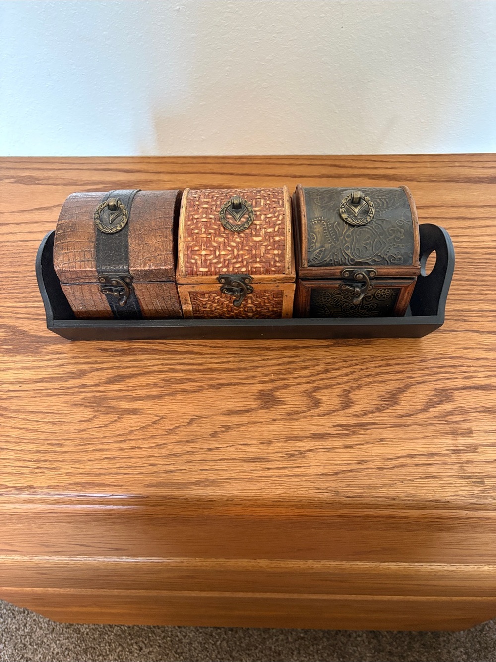 Set of Three Decorative Mini Treasure Chests in Brown Tones